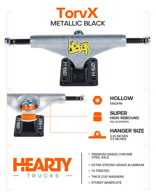 Hearty Skateboard Trucks- TorvX SERIES-  Raw/Black
