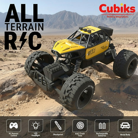 CUBIKS Remote Control Car Toy - Yellow | LED Head Lights | Ideal for Kids | USB Rechargeable | Best for Birthday Gift | High Speed Toy