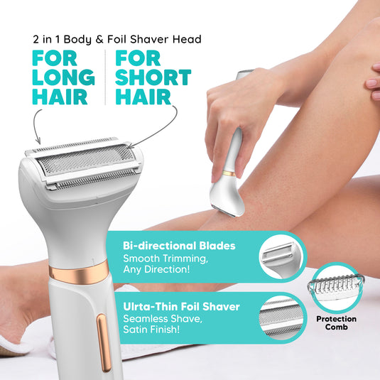 Letsshave Evior 4-in-1 Face & Body Trimmer for Women | 4 Heads - 6 Functions | Skin-Safe Blades for Face, Eyebrows, Bikini & Full Body Hair Removal | Rechargeable Groomer for All Body Parts