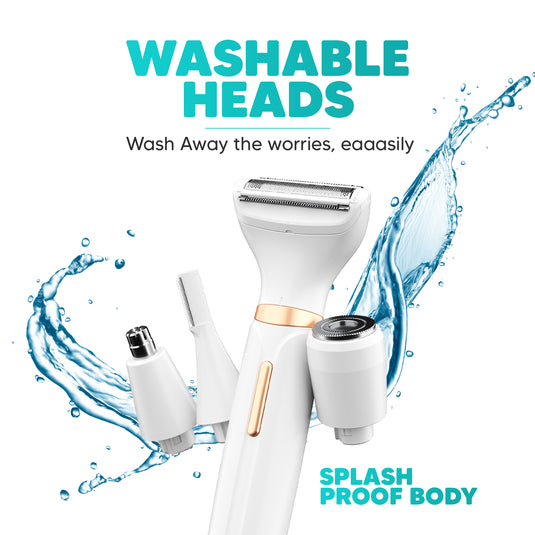 Letsshave Evior 4-in-1 Face & Body Trimmer for Women | 4 Heads - 6 Functions | Skin-Safe Blades for Face, Eyebrows, Bikini & Full Body Hair Removal | Rechargeable Groomer for All Body Parts