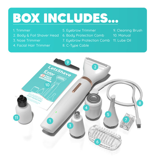 Letsshave Evior 4-in-1 Face & Body Trimmer for Women | 4 Heads - 6 Functions | Skin-Safe Blades for Face, Eyebrows, Bikini & Full Body Hair Removal | Rechargeable Groomer for All Body Parts