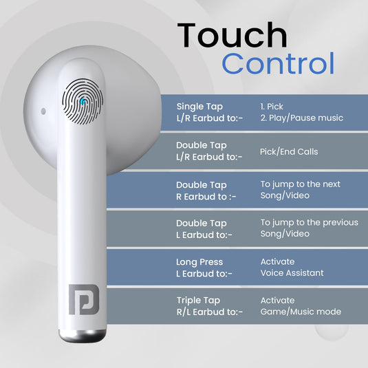 bluetooth earbuds with Soft Touch Control. White