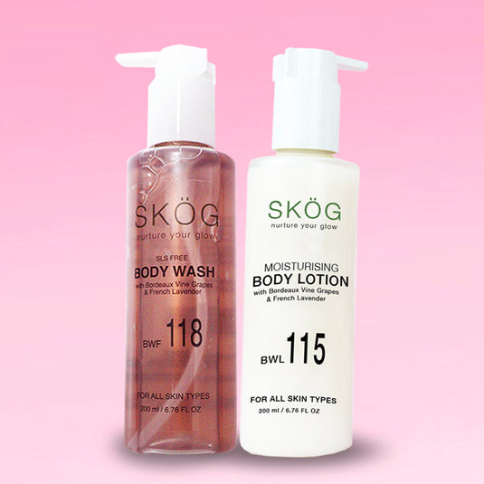 SKOG BODY CARE COMBO with SKOG SLS Free Body Wash and Mositurising Body Lotion with Bordeaux Wine Grape Extract + French Lavender + Hyaluronic Acid + Niacinamide for all skin types