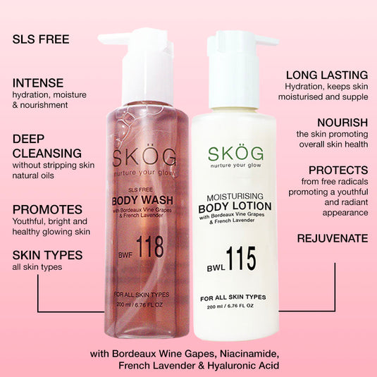 SKOG BODY CARE COMBO with SKOG SLS Free Body Wash and Mositurising Body Lotion with Bordeaux Wine Grape Extract + French Lavender + Hyaluronic Acid + Niacinamide for all skin types