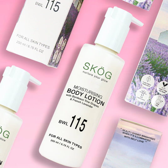 SKOG MOISTURISING BODY LOTION with Bordeaux Grape vine Extract + Hyaluronic Acid + French Lavender for all skin types