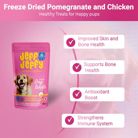 Chicken & Pomegranate Crunchies : Freeze Dried Dog Treats with the goodness of Pomegranate and Chicken - Jeff & Jeffy