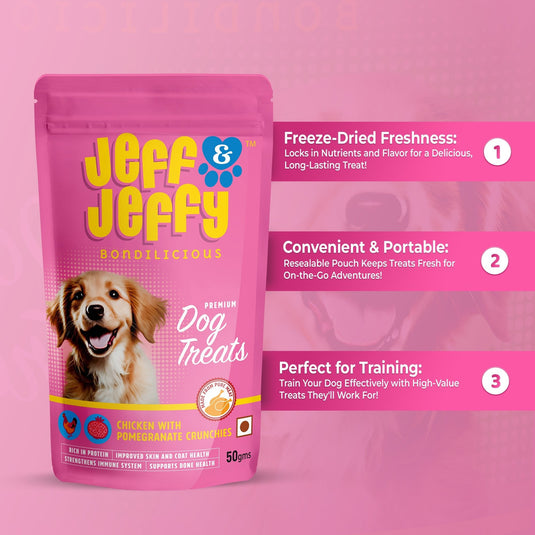 Chicken & Pomegranate Crunchies : Freeze Dried Dog Treats with the goodness of Pomegranate and Chicken - Jeff & Jeffy