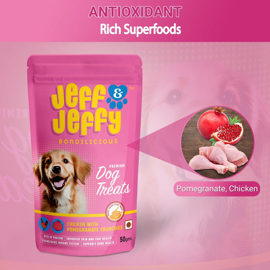 Chicken & Pomegranate Crunchies : Freeze Dried Dog Treats with the goodness of Pomegranate and Chicken - Jeff & Jeffy