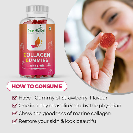 Simply Herbal Skin Collagen Gummies with Biotin | Strawberry Flavour for Women & Men - 30 Gummies