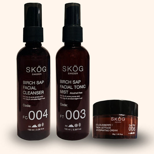 SKOG MINI CTM KIT with SKOGbirch Sap Facial Cleanser (100ml), SKOG Birch Sap Facial Tonic Mist (100 ml), SKOG Cloudberry Hydrating Cream (30 ml) - luxury gift set for him or her