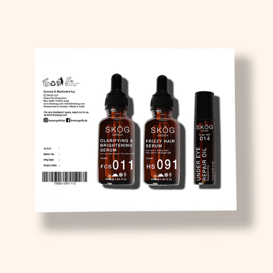 SKOG DAILY CARE KIT with SKOG Clarifying and Brightening Serum (30ml), SKOG Frizzy Hair Serum (30ml), SKOG Under Eye Repair Oil (10ml) - luxury gift set for him or her