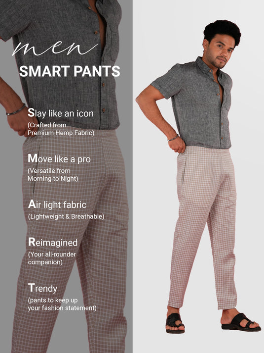 Men Beige White Checks Hemp Lounge Pant