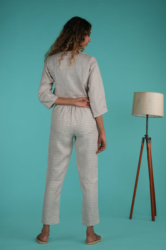 Women Beige White Checks Hemp Lounge Pant