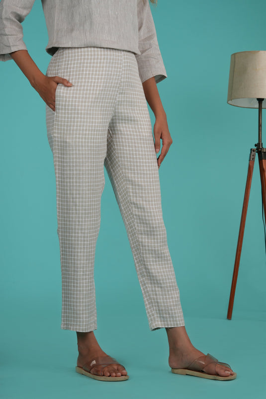 Women Beige White Checks Hemp Lounge Pant with pocket