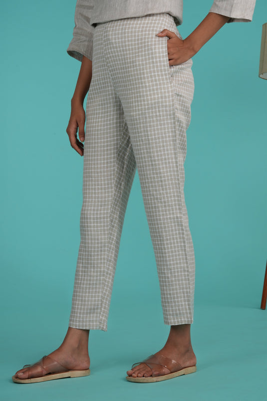 comfortable Women Beige White Checks Hemp Lounge Pant