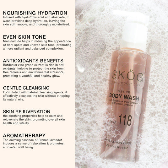 SKOG BODY WASH (SLS Free) Shower gel with Bordeaux Vine Grape Extract + Hyaluronic Acid + Niacinamide for all skin types