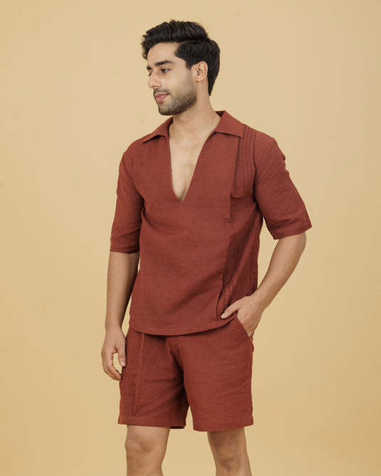 HEMPORIO Brown V-Neck Pintuck Shirt