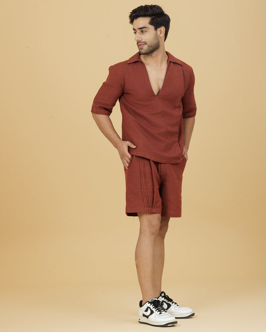 HEMPORIO Brown V-Neck Pintuck Shirt