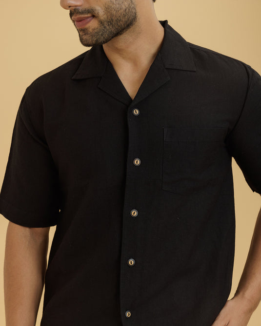 HEMPORIO Hemp-Cotton Blend Cuban Collar Men's Shirt/ Black