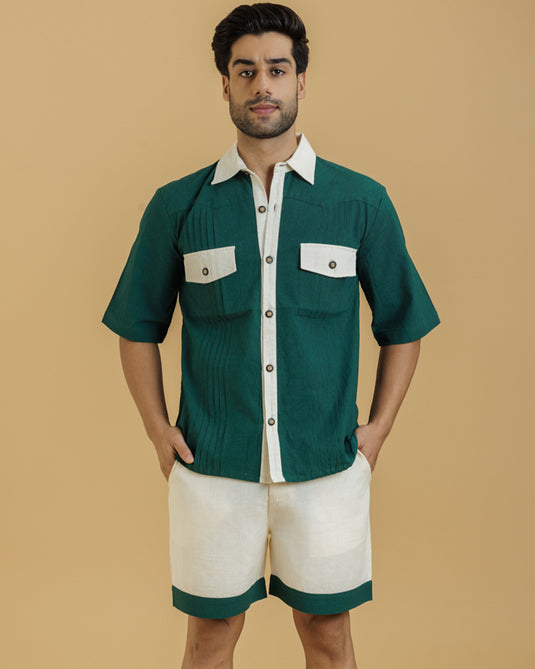 HEMPORIO  Green / Beige Men's Shirt with Pintucks