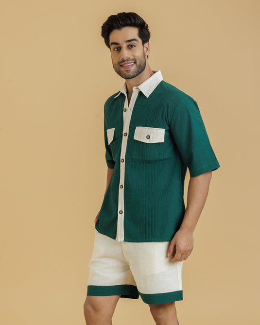 HEMPORIO  Green / Beige Men's Shirt with Pintucks