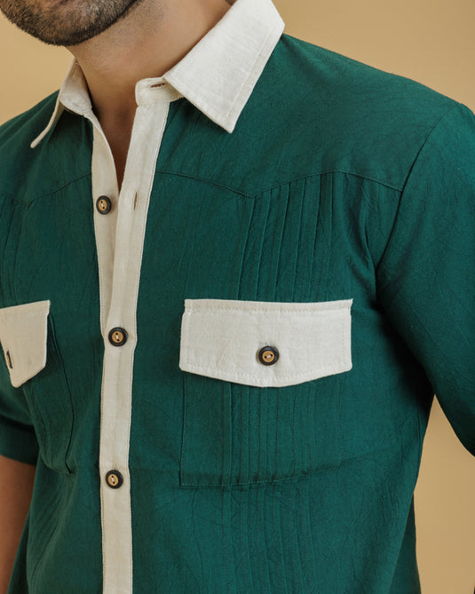 HEMPORIO  Green / Beige Men's Shirt with Pintucks