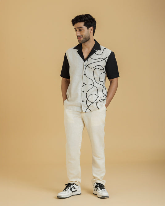 HEMPORIO Cord Embroidery Off white Black Shirt