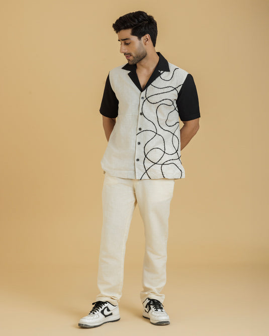 HEMPORIO Cord Embroidery Off white Black Shirt