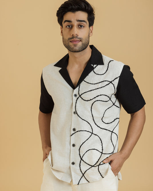 HEMPORIO Cord Embroidery Off white Black Shirt