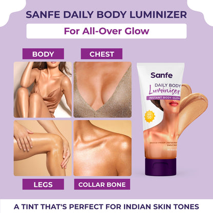 Sanfe Daily Body Luminiser | Instant Body Highlighter For Women | SPF 50 Smudge Proof | Daily Complexion Booster | 50g