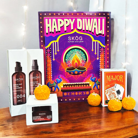 PATAKHA ME BOX with SKOG Birch Sap Facial Cleanser, Birch Sap Facial Tonic Mist, Cloudberry Hydrating Cream, Diwali playing cards, laddu candles and custom Diwali wish card - luxurious Diwali gift