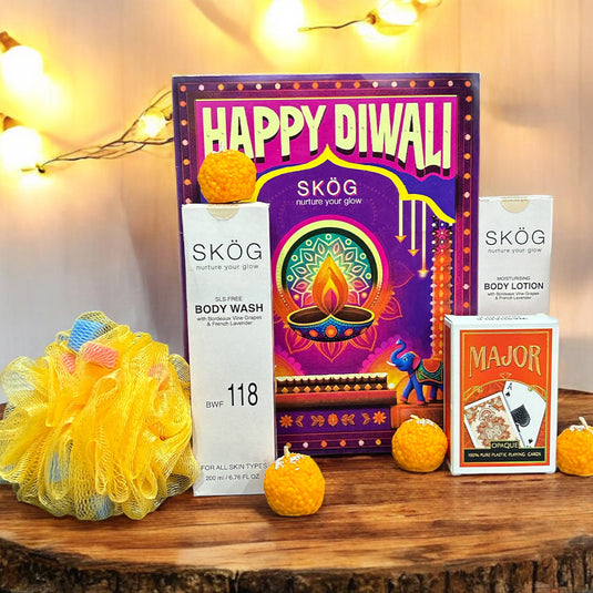 PHULJHADI BODY BOX with SKOG Body Wash, SKOG Body Lotion with wine grape, Hyaluronic Acid, French Lavender, Loofah, Diwali playing cards, laddu candles and custom Diwali wish card - luxurious Diwali gift