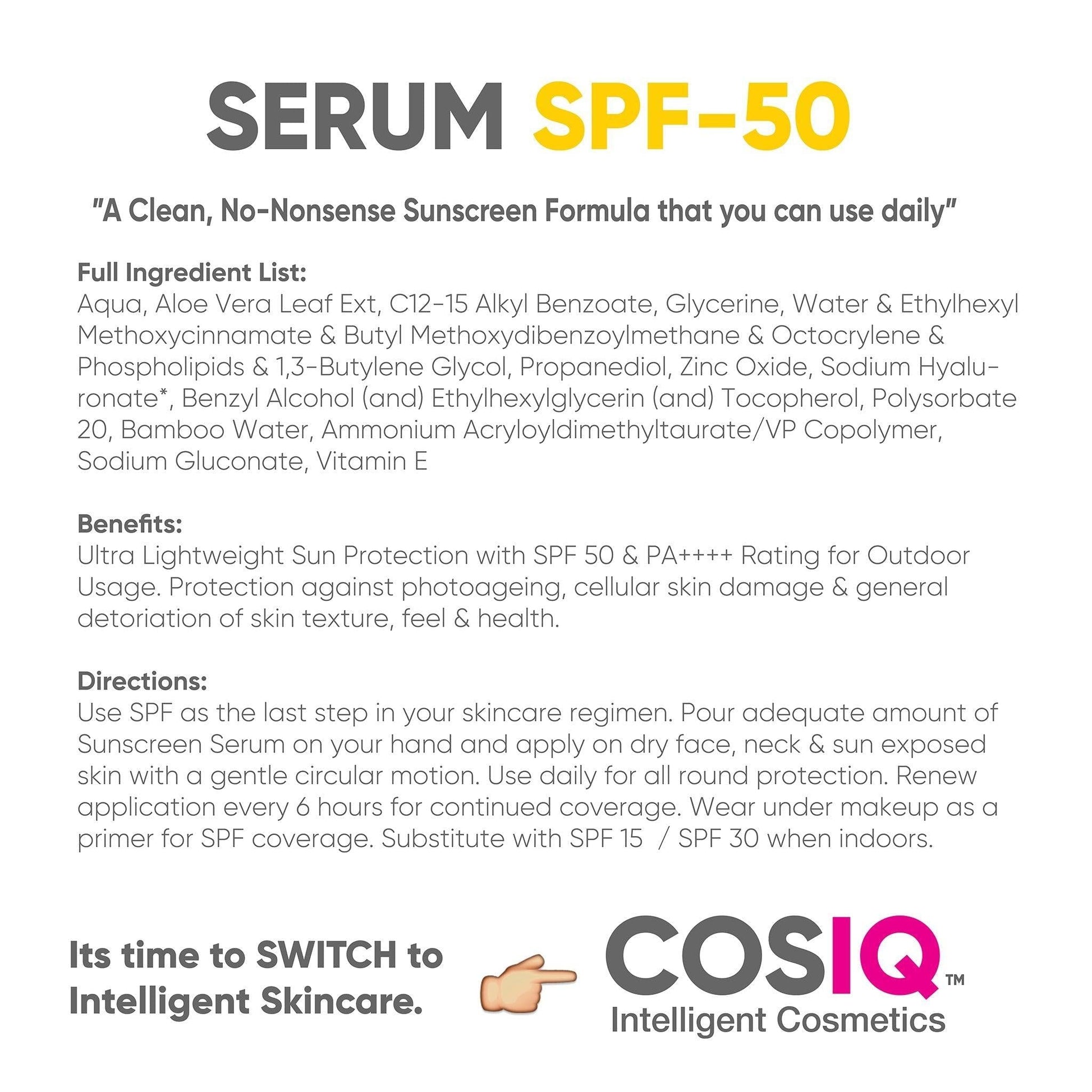 SPF 50 Sunscreen Serum, 30ml - CosIQ